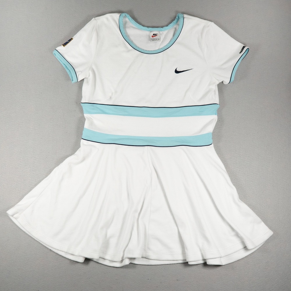 Vintage 90s Nike Tennis Dress Women L 12-14 White Aqua Made in USA Swoosh